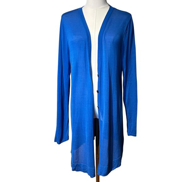 J. Jill Wearever Cardigan Tunic Top Blue SZ Med Semi Sheer Long Button Down - Picture 2 of 8